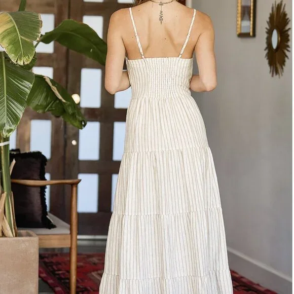 Lulus Beauty at the Beach Tan Striped Tiered Tassel Maxi Dress NWT - Picture 5 of 11